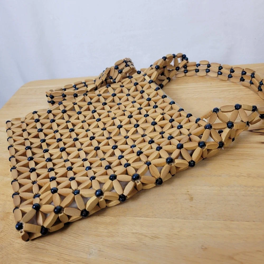 Wooden Bead Flower Purse Blue Tan Boho Crossbody Handbag